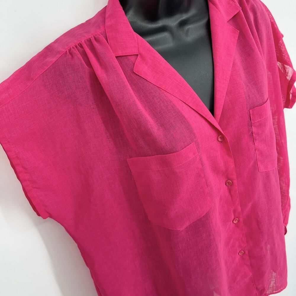 Nicola VINTAGE Pink Button Front Blouses Women Sz 16 Sheer Pockets V-Neck Barbie - Picture 2 of 8